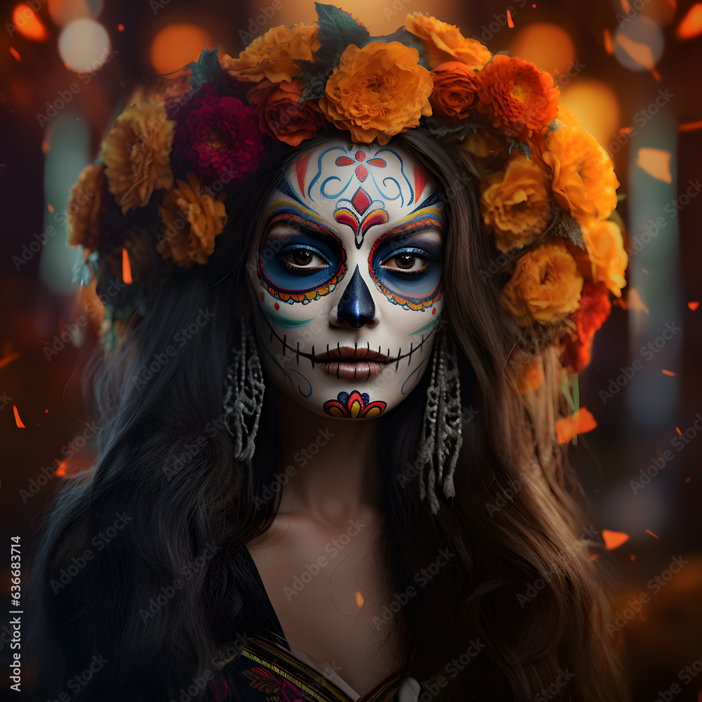 Wall mural A beautiful woman with sugar skull makeup on her face