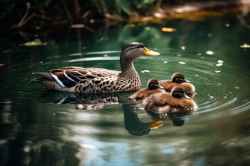 Obraz premium a mother duck swimming with her two ducklings in a peaceful pond