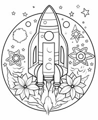 space rocket Floral - Coloring Page 