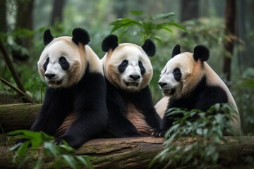 three adorable panda bears sitting together on a log in a lush forest