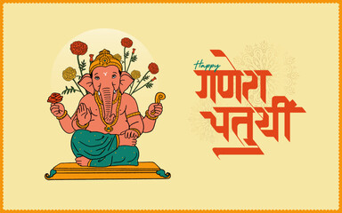Happy Ganesha Chaturthi' Hindi text and Ganesha hand-drawn illustration, sketch, and vector with a background of Indian festival for banner, template, post, and invitation card design
