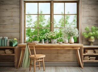 Wooden table of free space for your decoration. White big window with spring time. Fresh flowers on top. Created with Generative AI technology.