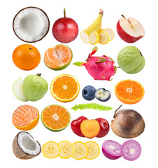 coconut; Passion fruit; orange; orange tangerine; guava; banana; apple; onion; coconut; plum; Sea grapes, bluberry on transparent  png