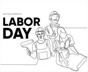 Happy Labour Day simple vector web banner. Set of tools. Lettering Labour Day. Black and white background, banner, poster. Vector illustration