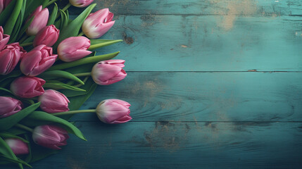 Fototapeta na wymiar beautiful bouquet of light pink tulips on an old wooden turquoise background with an empty place to insert. Generative Ai.
