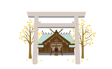 秋の銀杏と神社のイラスト　石鳥居 - obrazy, fototapety, plakaty