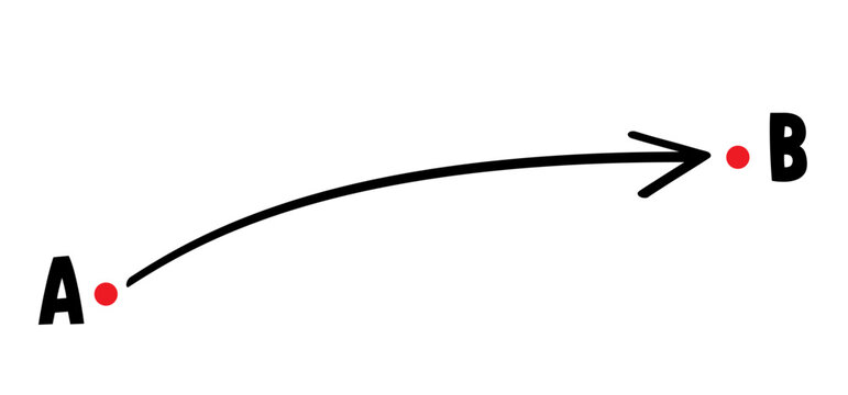 Line route from point A to point B. Find easy simple map walk move track way. Solution, problem and simplicity concept. Line with arrow, point.  Pointer or point trekking route, pin tracking or track 