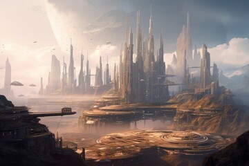 Fototapeta premium a futuristic cityscape with towering buildings and advanced technology