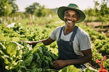 Naklejka na ściany i meble Harvesting Joy: Black Farmer Tends to Organic Produce Field with Smile