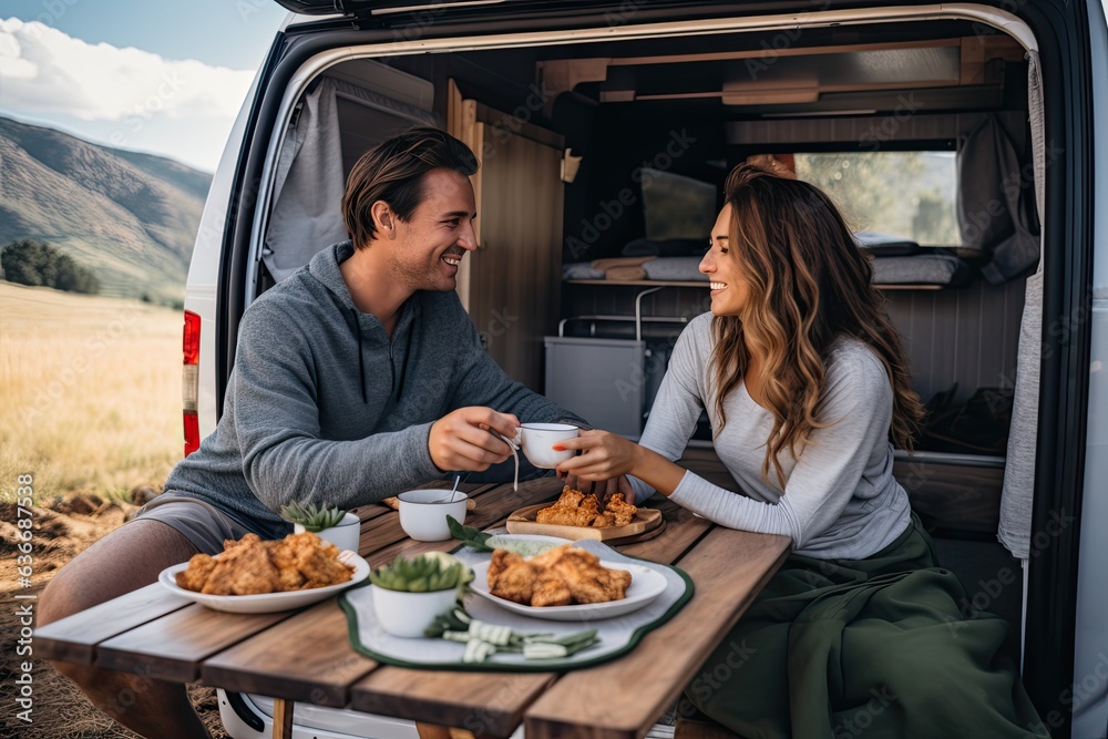 Wall mural couple having breakfast in camper