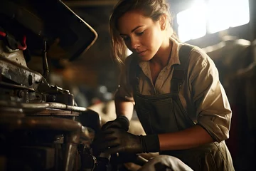 Fototapeten Skilled Female Mechanic: Confidently Restoring Vintage Car in Sunlit Garage © Bohdan