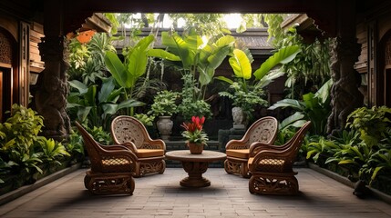 Balinese Inspiration Ornate wooden carvings, water features, and tropical plants, outdoor design, patio, generative Ai