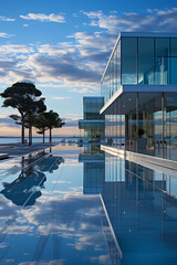 Sleek design mirrored in tranquil waters, finding clarity in modern architecture, generative AI