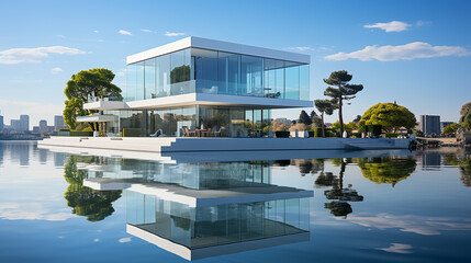 Architectural serenity by the water, a testament to balanced and clear design, generative AI