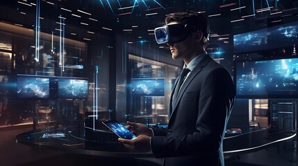 Fototapeta premium Finance investor wearing futuristic vr headset in a corporate office, ai generative
