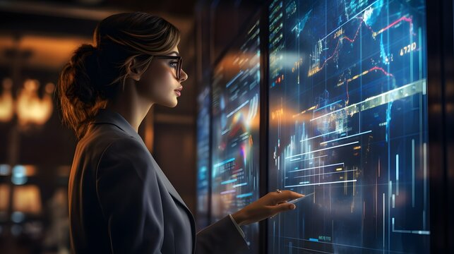 Financial analysist brunette female with glasses checking on investing graphs on a screen in a corporate office, ai generative