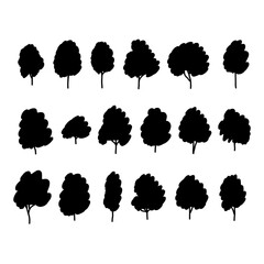 Set of silhouettes of trees. Isolated tree on white background.