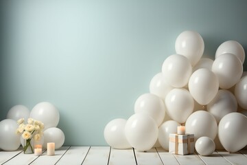 Balloon blur backdrop sets stage for versatile white table mockup—product montage potential Generative AI