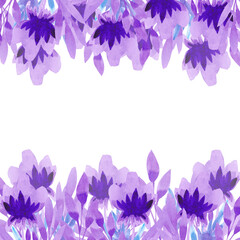 Purple abstract flowers frame border. Hand drawn watercolor isolated on white background. Can be used for cards, invitation, banner and other printed products.