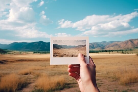 Close up hand unrecognizable traveler tourist man holding postcard photo image picture photography exact place sightseeing natural landscapes nature meadow field mountains memories vacation tourism