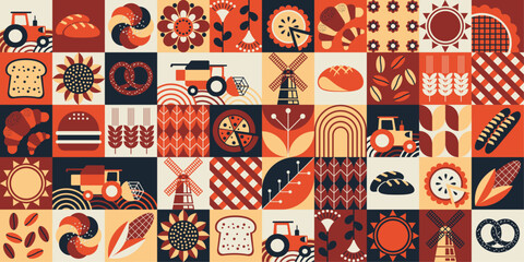 Autumn pattern. Agriculture, farming. Bakery. Bauhaus mosaic style. Simple geometric shapes. Textile background of fresh pastries, grains, bread, cakes, pies, fruits, flowers.