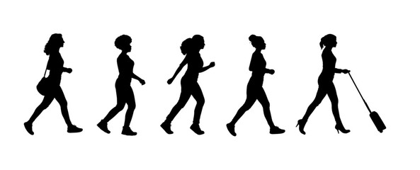 set of silhouettes of a walking woman