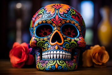 sugar skulls in wooden desk