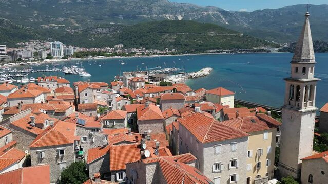 City of Budva in Montenegro. Aerial view of Old Town. Popular tourist destination in Montenegro. Balkans. Europe.