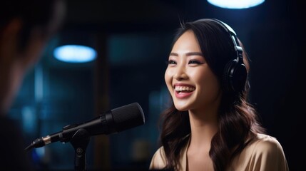 Smiling asian female musician talking to her colleagues