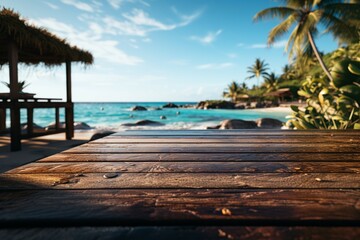 Blurred ocean view frames wooden resort deck, inviting relaxation by the shore Generative AI