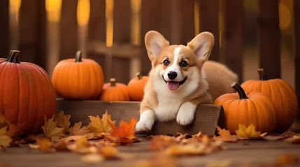 Rolgordijnen dog Corgi with autumn leaves and pumpkins created with Generative AI technology. © pvl0707