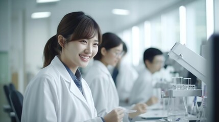 Smiling asian female researcher talking to her colleagues