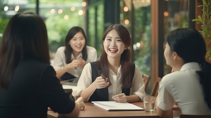 Smiling asian female writer talking to her colleagues