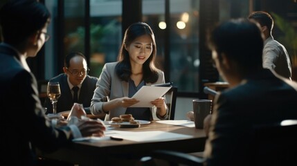 Smiling asian female writer talking to her colleagues