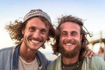 two smiling gay men at the beach,