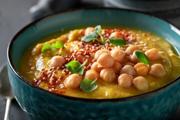 Vegan chickpea soup with sesame seeds and grissini.