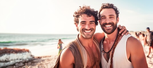 two smiling gay men at the beach, - obrazy, fototapety, plakaty