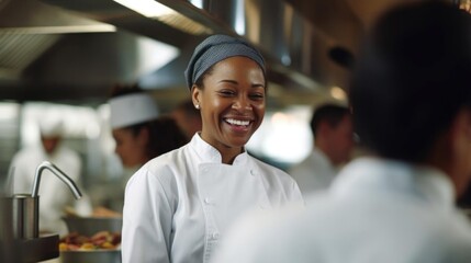 Smiling black female chef talking to her colleagues