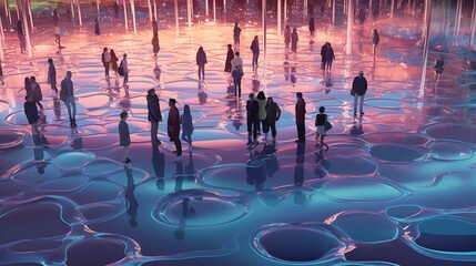 Obraz premium fluid people in a fluid park 3D glow render.Generative AI