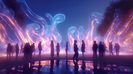 Fototapeta na wymiar fluid people in a fluid park 3D glow render.Generative AI