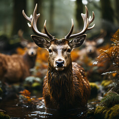 deer in river having a bath and enjoying the nature