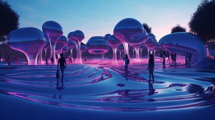 fluid people in a fluid park 3D glow render.Generative AI