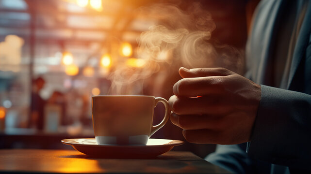 An image of an office worker clutching a steaming cup of coffee