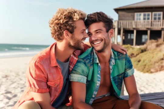 two smiling gay men at the beach,