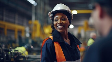 Fototapeta na wymiar Smiling black female engineer talking to her colleagues