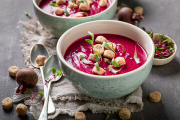 Hot borsch soup made of local vegetables.