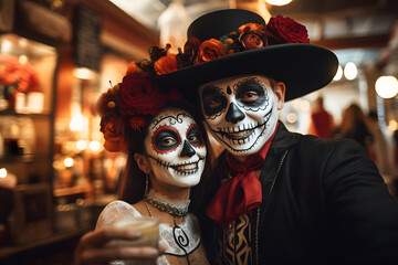 Wonderful couple in halloween costumes making selfie