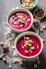 Spicy borsch soup as healthy starter and hot.