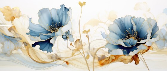Elegant Beauty of Blue and White Flowers with gold accents on a light background, Floral Art , decor and vintage inspirations