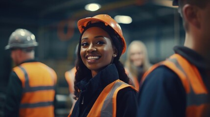 Smiling black female mechanical engineer talking to her colleagues